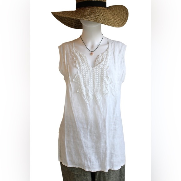 Marina Gigli Tops - Marina Gigli White Lace Linen V-Neck Tunic Blouse Elegant Sleeveless Womens Top